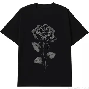 Gothic Rose Graphic Tee for Men – Black Oversized T-Shirt with Dark Floral Print, Trendy Streetwear Top for Fall Fits & Alt Aesthetic Outfits Crewneck Cotton