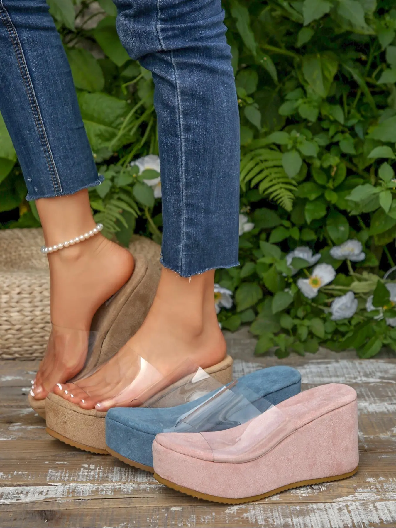 Women's New Wedge Heel Thick Sole Sandals, Transparent Strap Open Toe Shoes, Soft Wood Board High Heels, Summer Elevator Sandals, Fashionable Wedge Sandals, Peep Toe Sandals