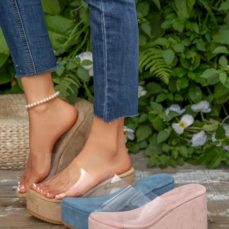 Women's New Wedge Heel Thick Sole Sandals, Transparent Strap Open Toe Shoes, Soft Wood Board High Heels, Summer Elevator Sandals, Fashionable Wedge Sandals, Toe Exposed Sandals