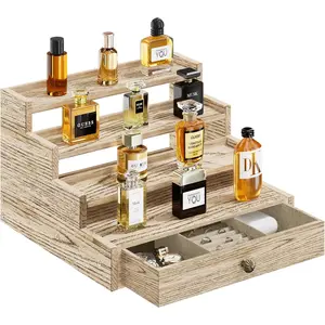 4 Tier Cologne Organizer for Men, Wooden Cologne Stand Holder Display Shelf with Drawer Storage, Large Capacity Cologne Rack Perfume Organizer for Man
