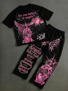 Men's "Do You Believe In Angels" 2-Piece Streetwear Set | Pink Gothic Angel Print T-Shirt & Track Pants Set | Y2K Grunge Aesthetic Two-Piece Tracksuit for Casual & Urban Outfits