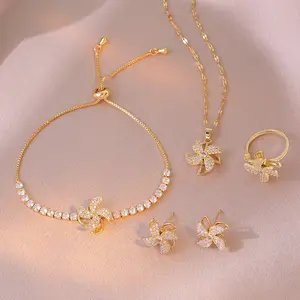 5PCS Rotating Windmill Jewelry Set Necklace for Women Rotatable Windmill Design Earrings New Trendy Pendant Bracelet Ring Earrings Set Fashion Accessories
