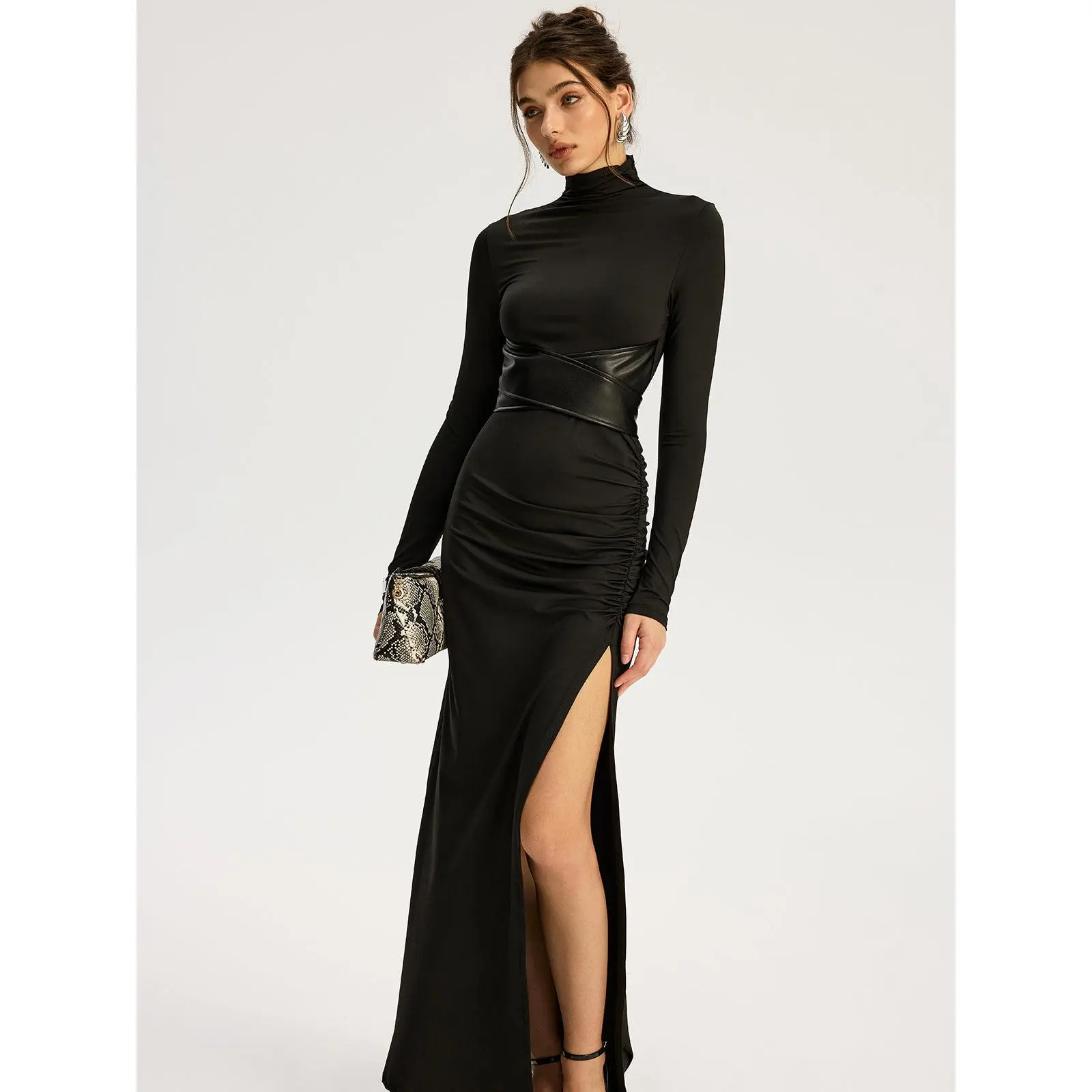 Women's Belted Long-Sleeve Turtleneck Maxi Dress with High Slit, Lady's Casual Womenswear Dress