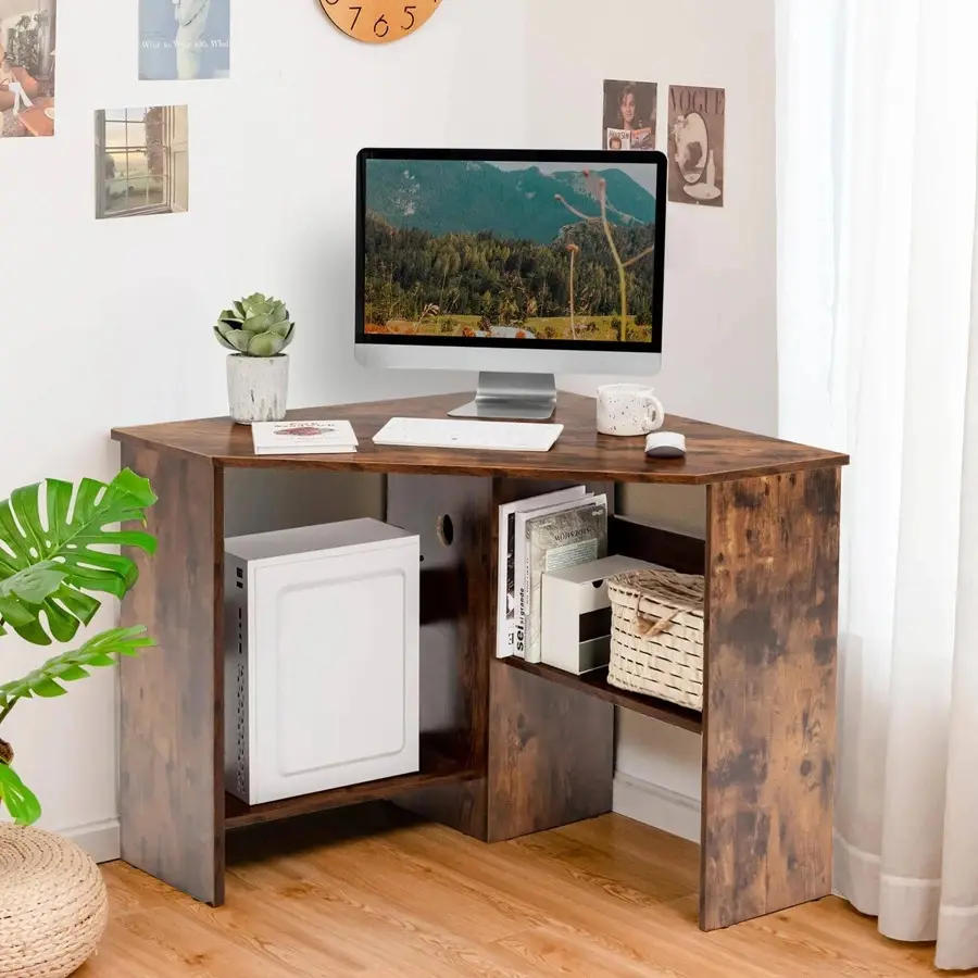 Space Saving Engineered Wood Corner Computer Desk - 90° Triangle Floor-Standing Writing Workstation with Storage Shelf and Cable Management Holes, Space Saving Furniture, 1 X Corner Computer Desk, 90° Triangle Corner Design