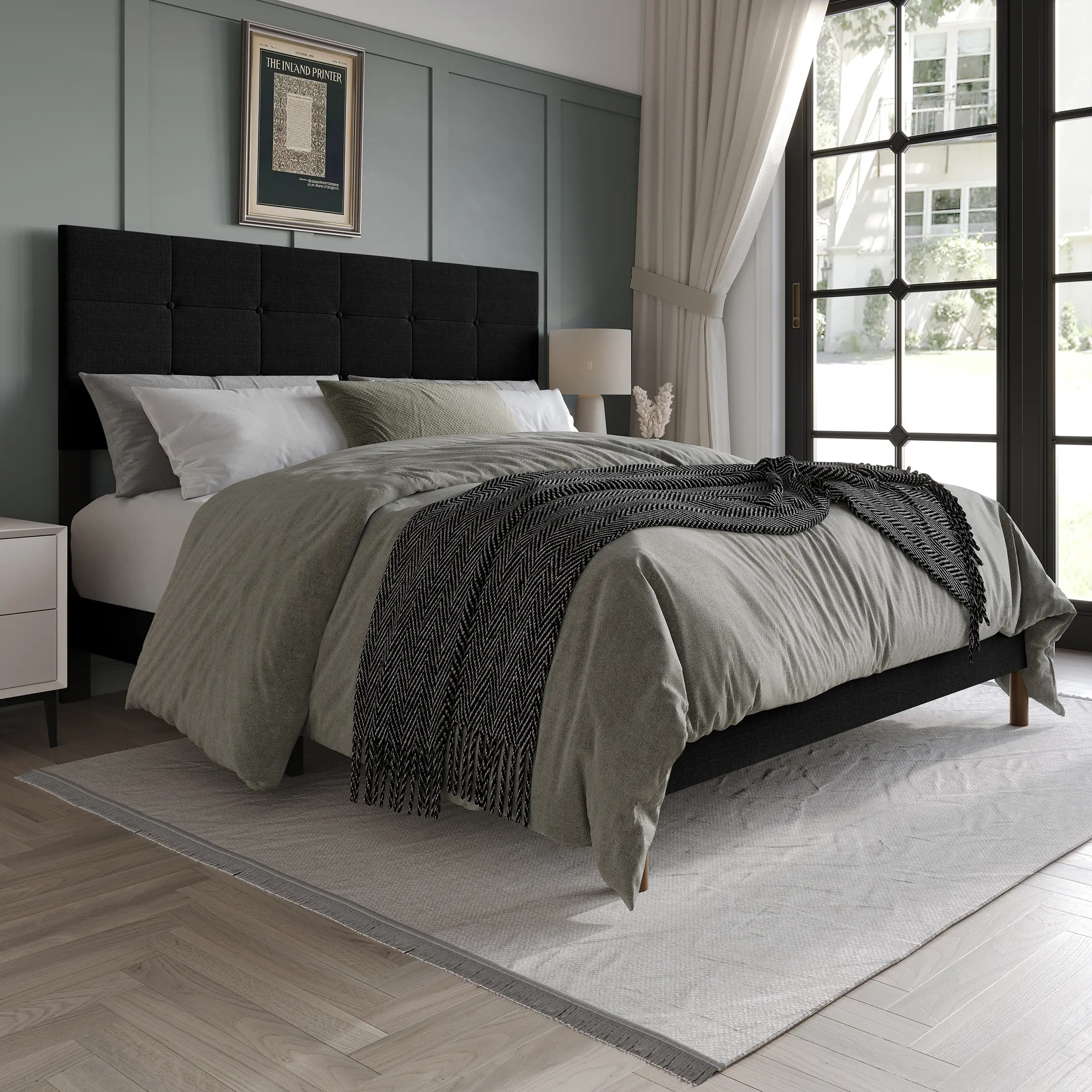 Modern Black Tufted Bed Frame Set - Engineered Wood Construction, Headboard, Gray Bedding, Black Faux Fur Throw Blanket for Contemporary Bedrooms