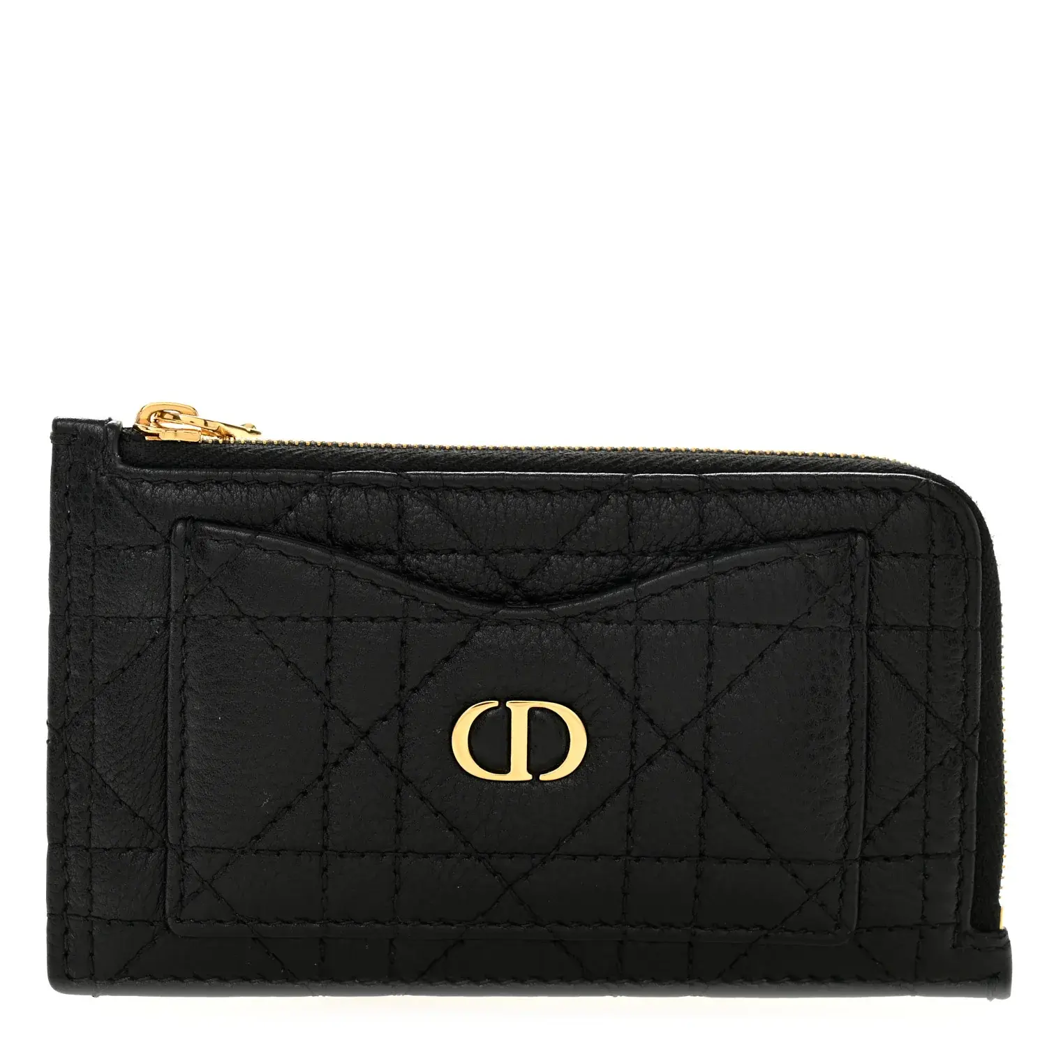 Pre-owned Dior Leather Small Leather Goods Supple Calfskin Cannage Caro Cosmos Zipped Card Holder Black