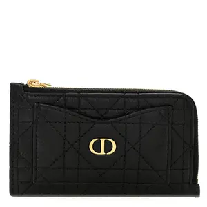 Pre-owned Dior Leather Small Leather Goods Supple Calfskin Cannage Caro Cosmos Zipped Card Holder Black