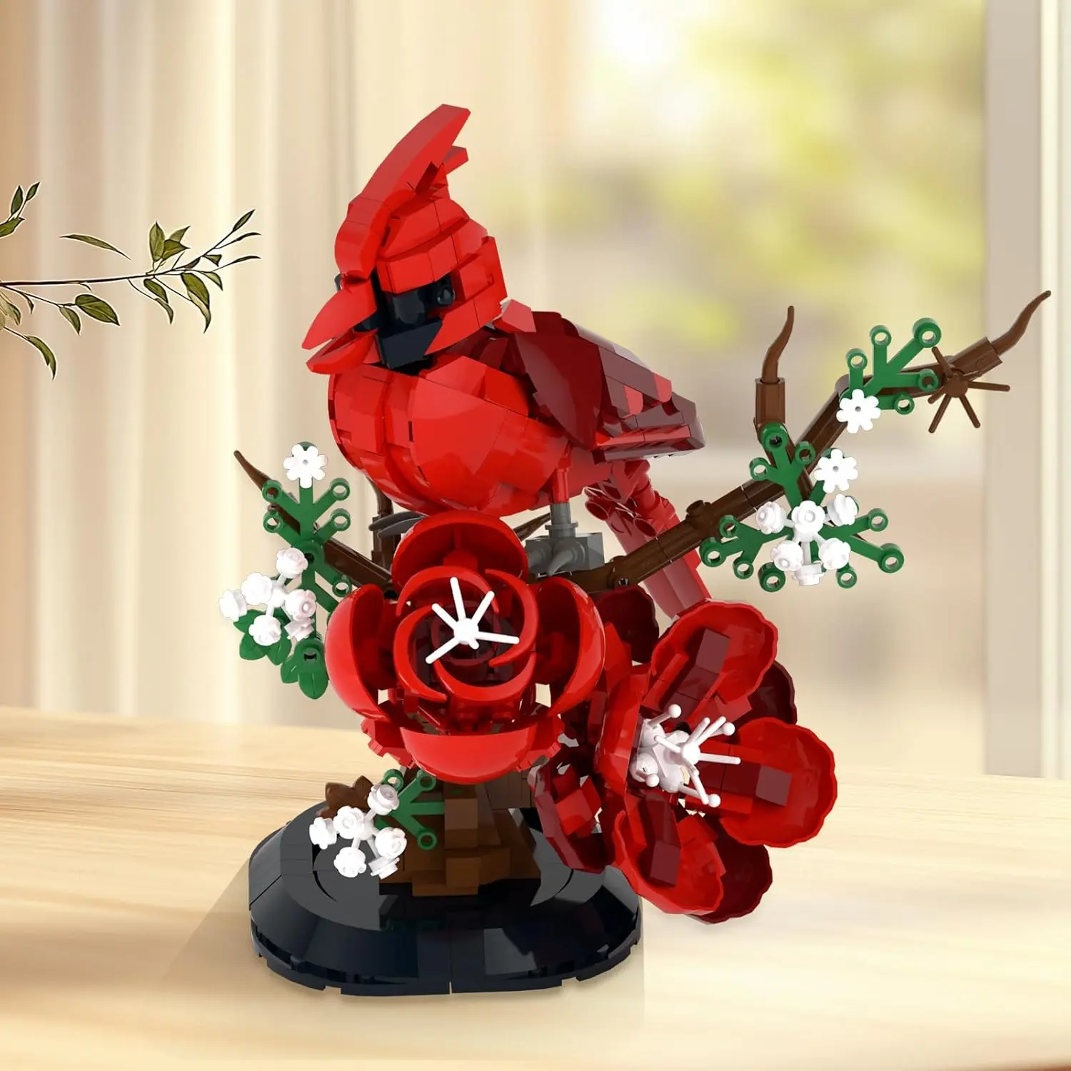 Northern Cardinal Bird Building Blocks Set, Red Bird Flower Branch DIY Brick Model, Nature-Inspired Decor Puzzle Toy Gift