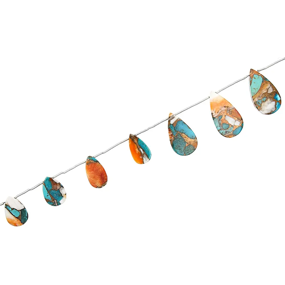 JTV Spiny Oyster Shell & Turquoise Mosaic Flat Pear appx 15x9-24x13mm Shape Bead Strand appx 15-16"