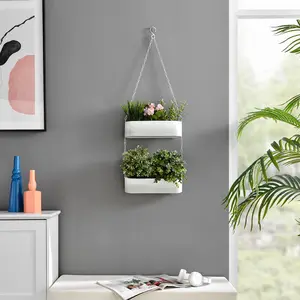 Two-Tier Hanging White Metal Trough Wall Planter