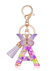 Cute Initial Letter Keychain with Resin Glitter Butterfly Tassel, 26 English Letters Pendant, Bag Charm Gift for Women Girls Students
