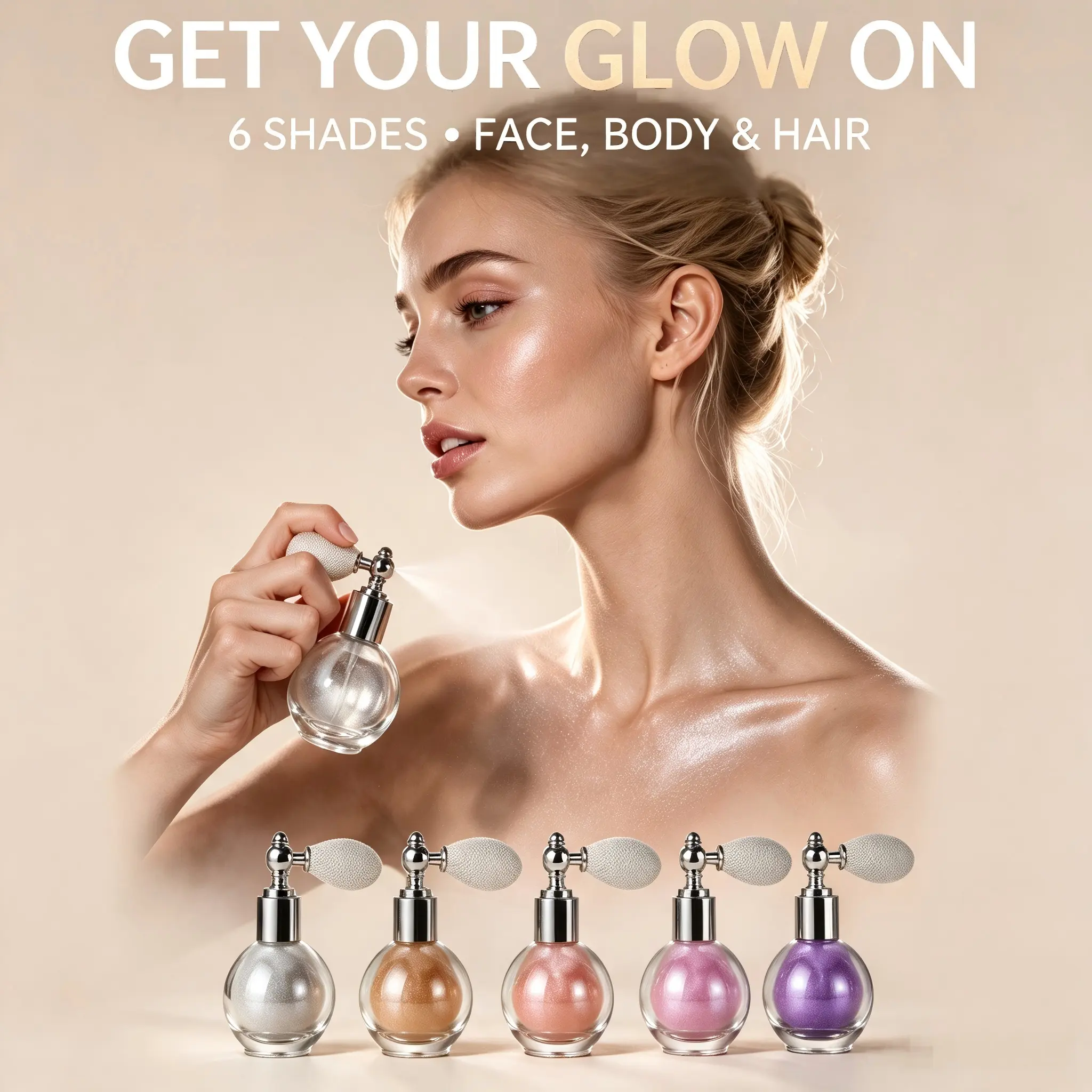 Highlighters & Luminizers Makeup Kit - Shimmer Spray, Fine Glitter Spray, Pearlescent Glow Formula, Liquid Illuminator, Cushion Puff Applicator, Versatile Loose Powder