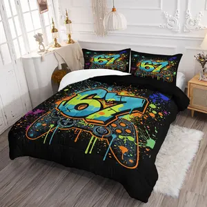 2/3PCS Gamer 67 Graffiti Comforter Set, Cool Game Controller Bedding Set with Pillowcases, Vibrant Spray Paint Digital Print Quilt for Teen Boys, Kids Bedroom, Dorm, Gaming Room, Soft All-Season Bed Set