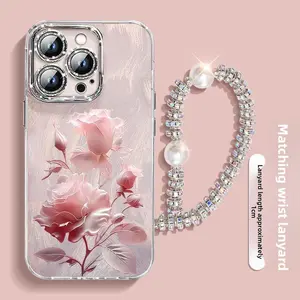 Pink Roses Phone Cases for iPhone 16/15/14/13/12/11 Promax Plus, High-end Silver Feather Yarn Shockproof Phone casing with Bracelet
