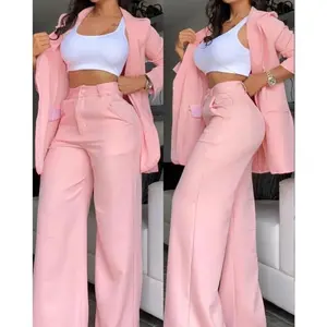Women's Pink Plus Size Coat and Trousers Two-Piece Elegant Comfortable Basic Suit Blazer Jackets Long Sleeve Minimalist
