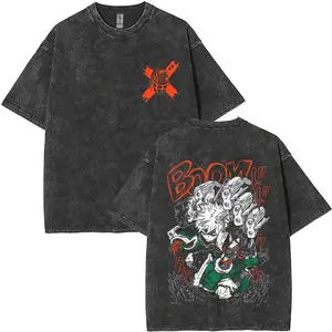 Vintage Acid Washed My Hero Academia T-Shirt, Bakugou Katsuki Manga Graphic Print, Oversized Heavyweight Cotton Tee, Retro Y2K Harajuku Streetwear, Casual Unisex Manga Top for Men and Women,summervibes