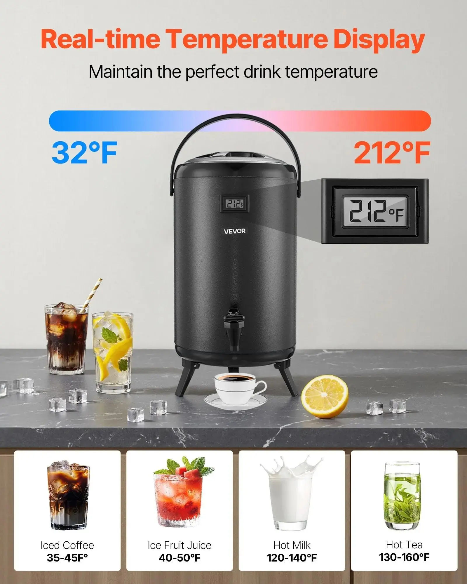 【Summerfinds】VEVOR Insulated Beverage Dispenser,  3.2 Gal/12L Stainless Steel Thermal Drink Server with Spigot & Temp Display, Suitable for Hot and Cold Drinks, for Tea Coffee Water in Cafes & Restaurants, Black