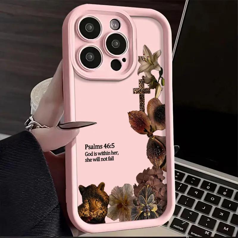 Aesthetic Leopard Print Bible Verse Phone Case for iPhone 17 Pro Max Air 16 15 Plus 14 13 12 11 with Wrist Strap Lanyard Psalms 46 5 Christian Religious Faith Gift Shockproof Protective Case