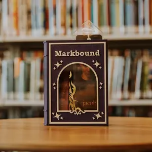 Whimsical Markbound - Indigo & Beige Elegant Bookmark Holder with Star Accents Clear Arched Window for Over 100 Bookmarks 7x5.5x2in