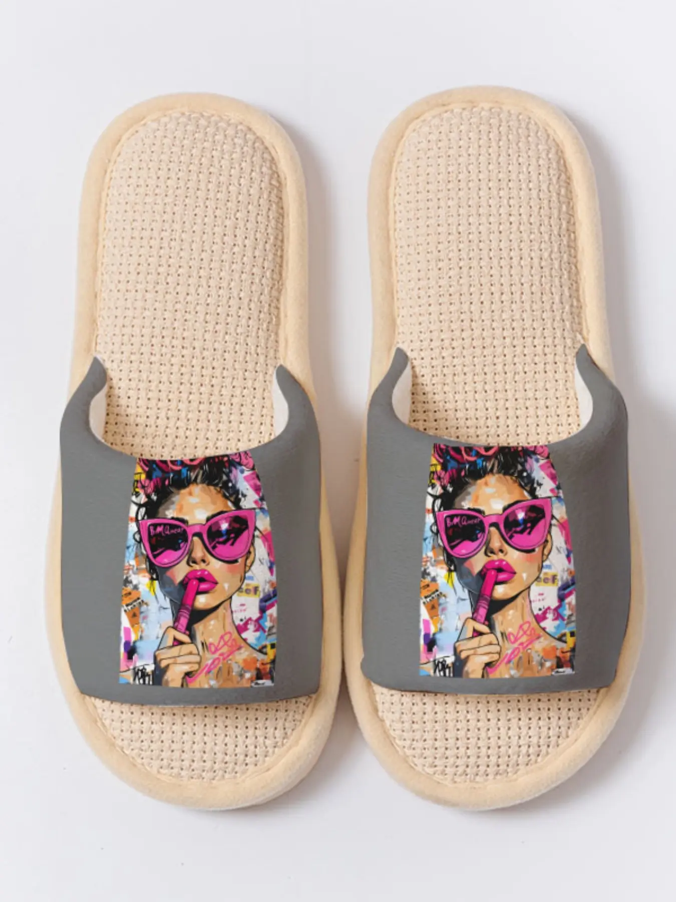 Pop Art Lipstick Girl Print Linen Slippers, Bold Non-Slip Breathable Lightweight All Season Home Shoes for Fashion Lovers Women Ladies Daily Wear