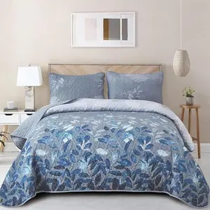 Blue Quilt Set Queen Size,3 Pieces Navy Blue Floral Bedspread Coverlet Set,Soft Microfiber Lightweight Grayish Blue Gradient Floral Bedding Set For All Season