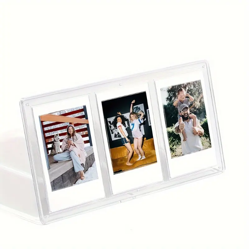 A transparent photo frame that can hold three Polaroid mini photos. Suitable for Polaroid mini 3-inch three-square grid photos. Transparent creative display photo frame