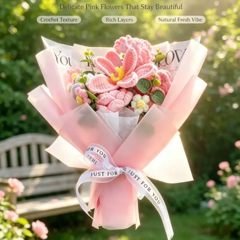 Handmade Crochet Pink Flower Bouquet with LED Lights  Gift Bag Forever，handmade flower bouquet, forever flower, eternal flower,   gift for girlfriend, mothers day gift, graduation gift, valentines day proposal gift, wedding decor flower