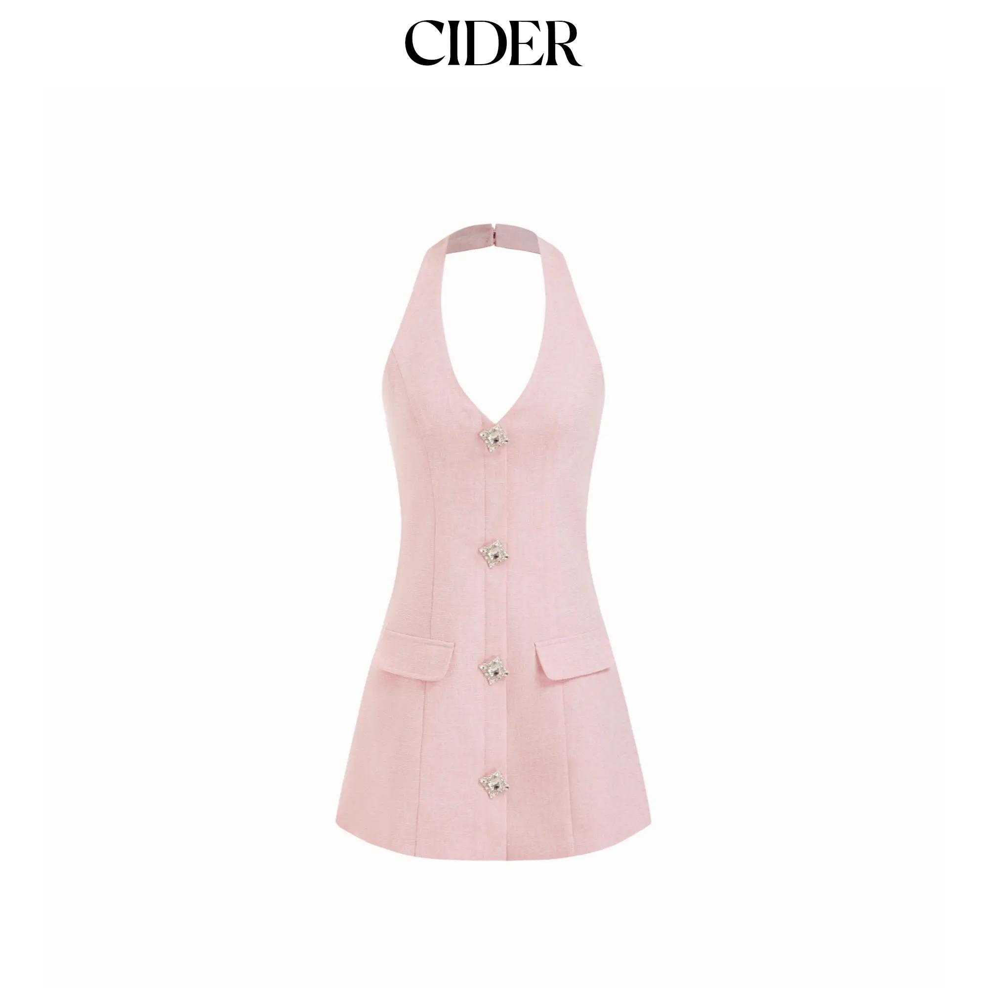 Cider Halter Neck Rhinestone Button A-line Mini Dress