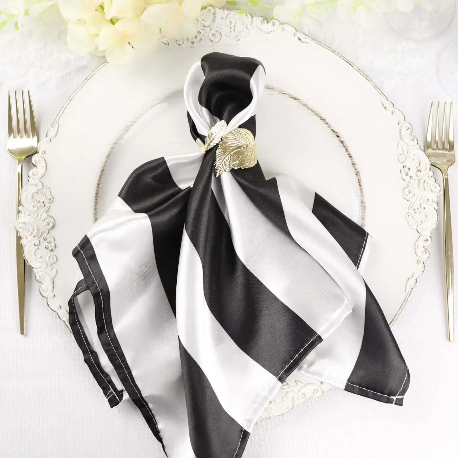 5-Pack Black/White Striped Satin Fabric Napkins - 20"x20" Square Tableware, Refined Table Setting for Birthday, Wedding Event Table Arrangements
