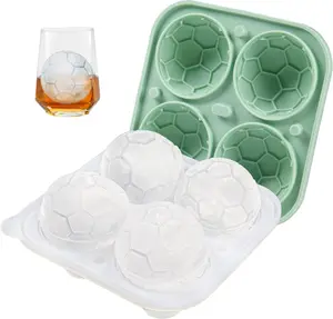 Soccer Ice Cube Mold, Football Shapes Ice Cube Tray, Silicone Sphere Ice Mold Chocolate Mold with Clear Funnel-type Lid, Make 4 Large Ice Balls for Chilling Whiskey Cocktails Drinks, Green