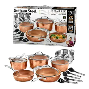 Gotham Steel Nonstick Pots and Pans 15 Piece Set Ceramic Cookware Kitchen Set Hammered With Frying Skillet Saucepan