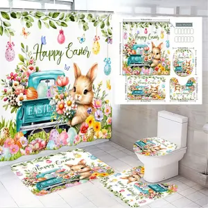 1/4pcs Easter Bathroom Set, Shower Curtain Sets with Cute Brown Rabbit Holding Flowers, Turquoise Truck with Eggs & Tulips, Decorative Eggs Butterflies Green Leaves, Matching Toilet Seat Cover, Bath Mat & Floor Mat, Happy Easter Script - Festive Bathroo