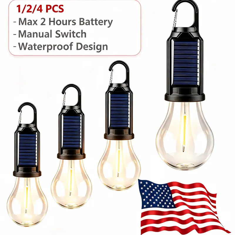 1/2/4 PCS Solar LED Outdoor Light with Waterproof Clip Hook, Portable Multifunctional Camping Gear, Suitable for Hiking, Night Camping, Self-driving Trips, Fishing, Wilderness Survival, Home Power Outage & Various Emergency Lighting Scenes