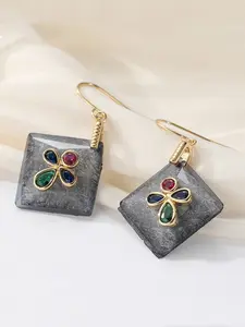 Vintage Geometric Square Pendant Hoop Earrings with Teardrop Artificial Crystal, Elegant Earrings, Perfect Gift for Women, Daily and Vacation Wear