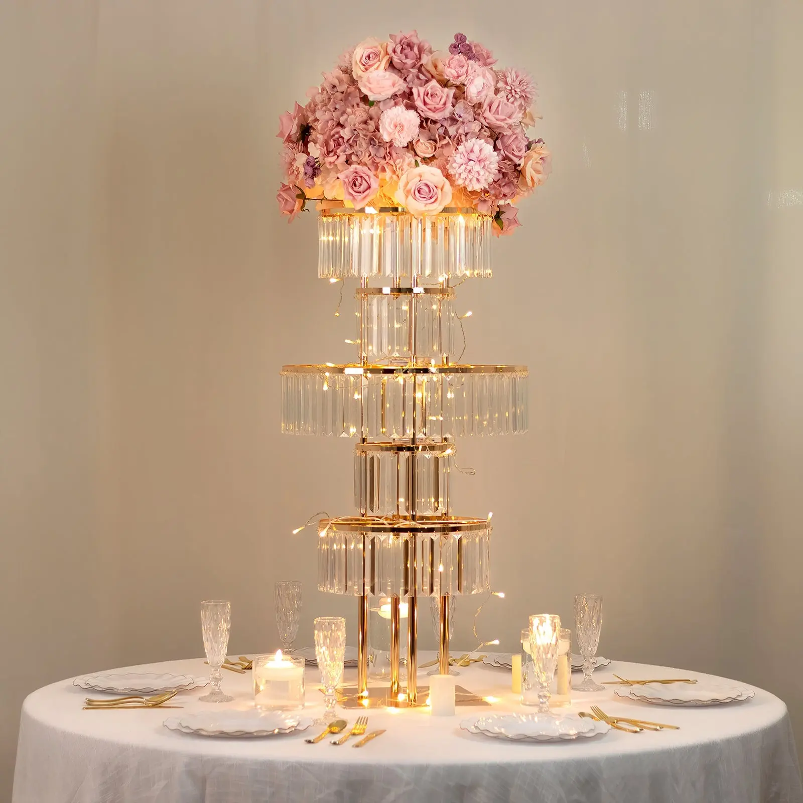 40" Gold 5-Tier Crystal Metal Candelabra Centrepiece, Round Room Decor Flower Stand Vase Chandelier with Hanging Crystals - Festive & Gold Decorations Centrepieces, Crystal Metal Candelabra Centrepieces
