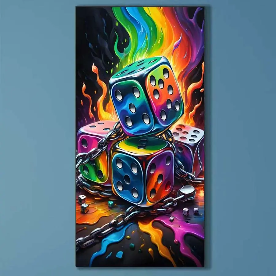 5D DIY Full Drill Round Diamond Painting - Diamond Art Kit Colorful Dice, Flames, Chains Mosaic, Canvas - DIY Decorative Artwork, Home Wall Decor, Perfect for Halloween, Christmas, Independence Day, Birthday, and Anniversary Gifts