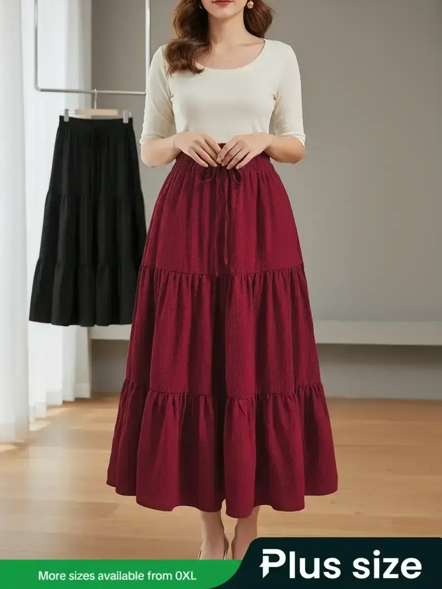 Women's 2 Piece Set Clothes, Casual Style Set, Casual Fitted Long Skirt with Drawstring and Layered Ruffles, Thin Woven Fabric, Plain Pattern, All Seasons Wear