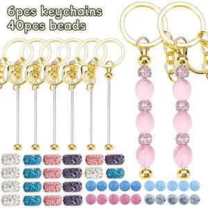 6 Set Beadable Keychains, Bulk Beadable Keychains Bars DIY Blank Keychain, Metal Beaded Keychain with Bars Silicone Beads Spacer Beads