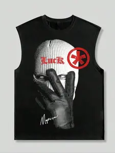 Men's Regular Fit Balaclava & Money Print Tank Top, Casual Street Sleeveless Printed Top for Daily Wear, Menswear for All Seasons