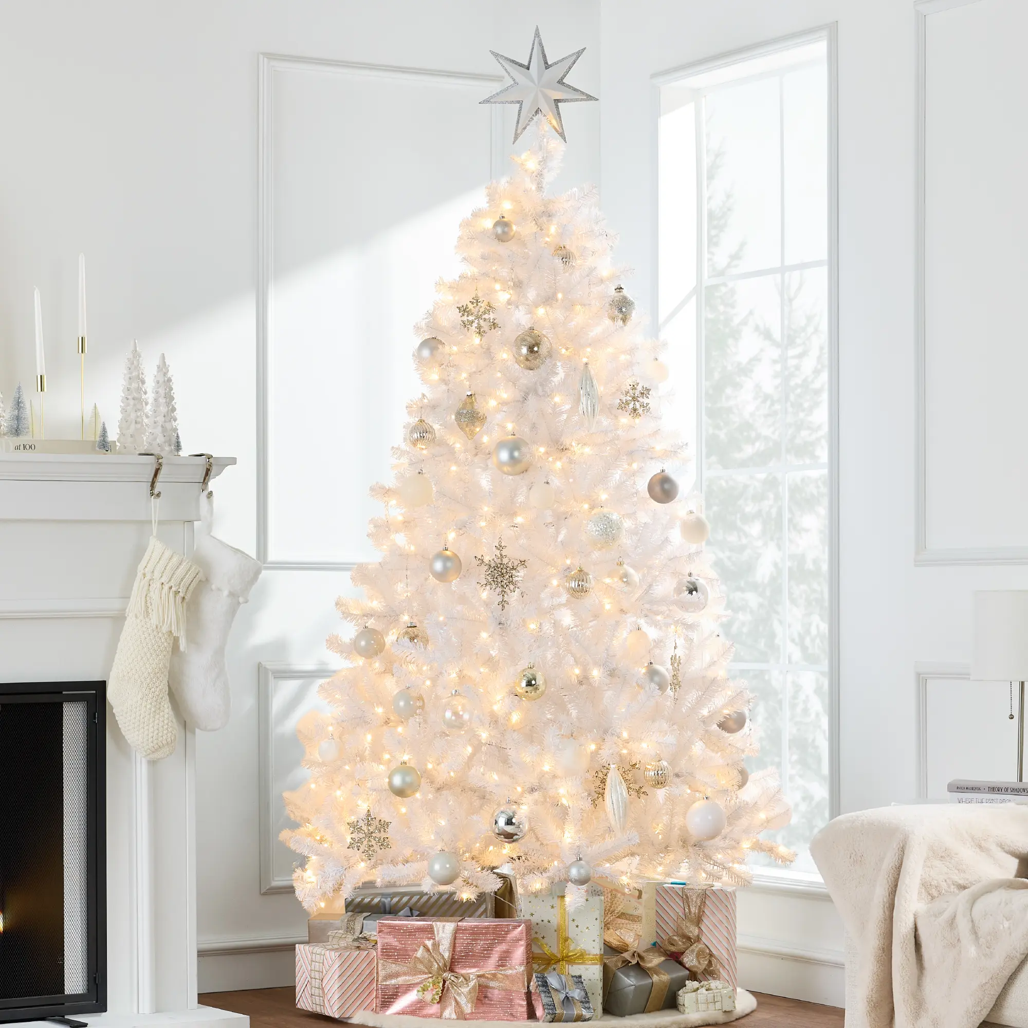 Best Choice Products Prelit Artificial Tinsel Christmas Tree Festive Holiday Decoration w/ Stand - White