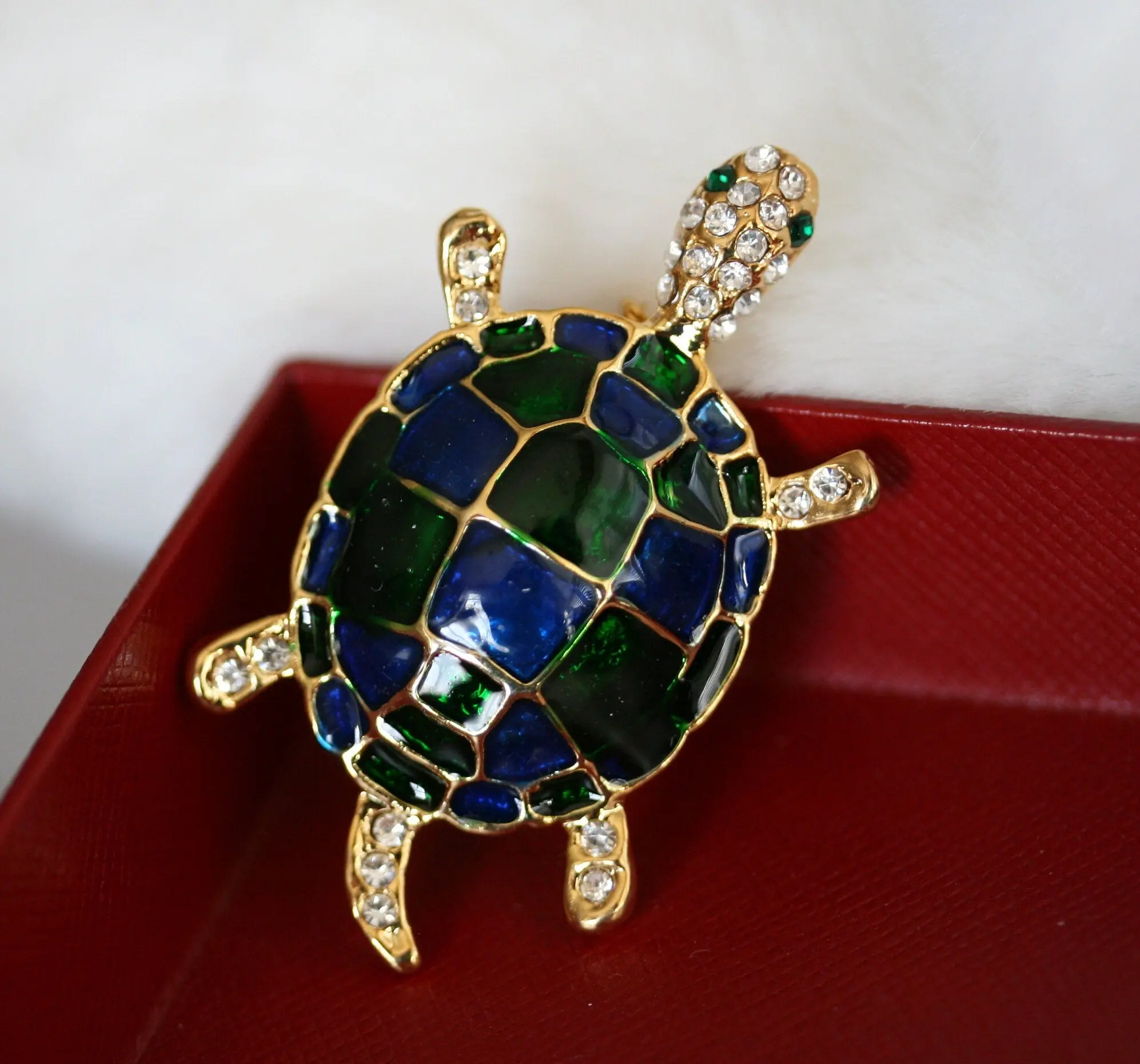 Gold Tone Turtle Brooch Pin - Red and Green Checkerboard Cloisonné Enamel Jewelry, Adorned with Rhinestone Accents, 2" X 1", Eye, Head, Tail, And Legs