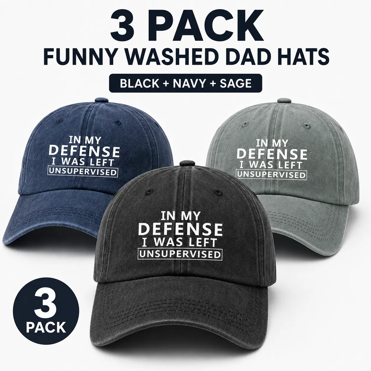 Unisex 3-Pack Vintage Washed Denim Dad Hats - Mens Hats, Unisex Fit, Adjustable, "In My Defense I Was Left Unsupervised" Graphic Text Design, 3 Colors, Fashion Clothes Accessory, Denim Fabric