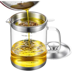 Glass Bacon  Container with Strainer Cooking Oil Storage Can  Strainers with Stainless Steel Filter Lid  Nonslip Pad for Storing  Frying Oil Cooking (1.5l / 50oz)