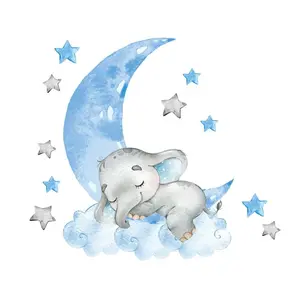 Cartoon Cute Sleeping Elephant Wall Sticker for Blue Moon Cloud Stars Kids Room Kindergarten Home Decoration PVC Decorative Mat Smooth Translucent