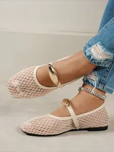 Women's Retro Square Toe Mesh Flat Shoes, Summer Breathable Ankle Strap Loafers, Versatile Soft Sole Commute Shoes