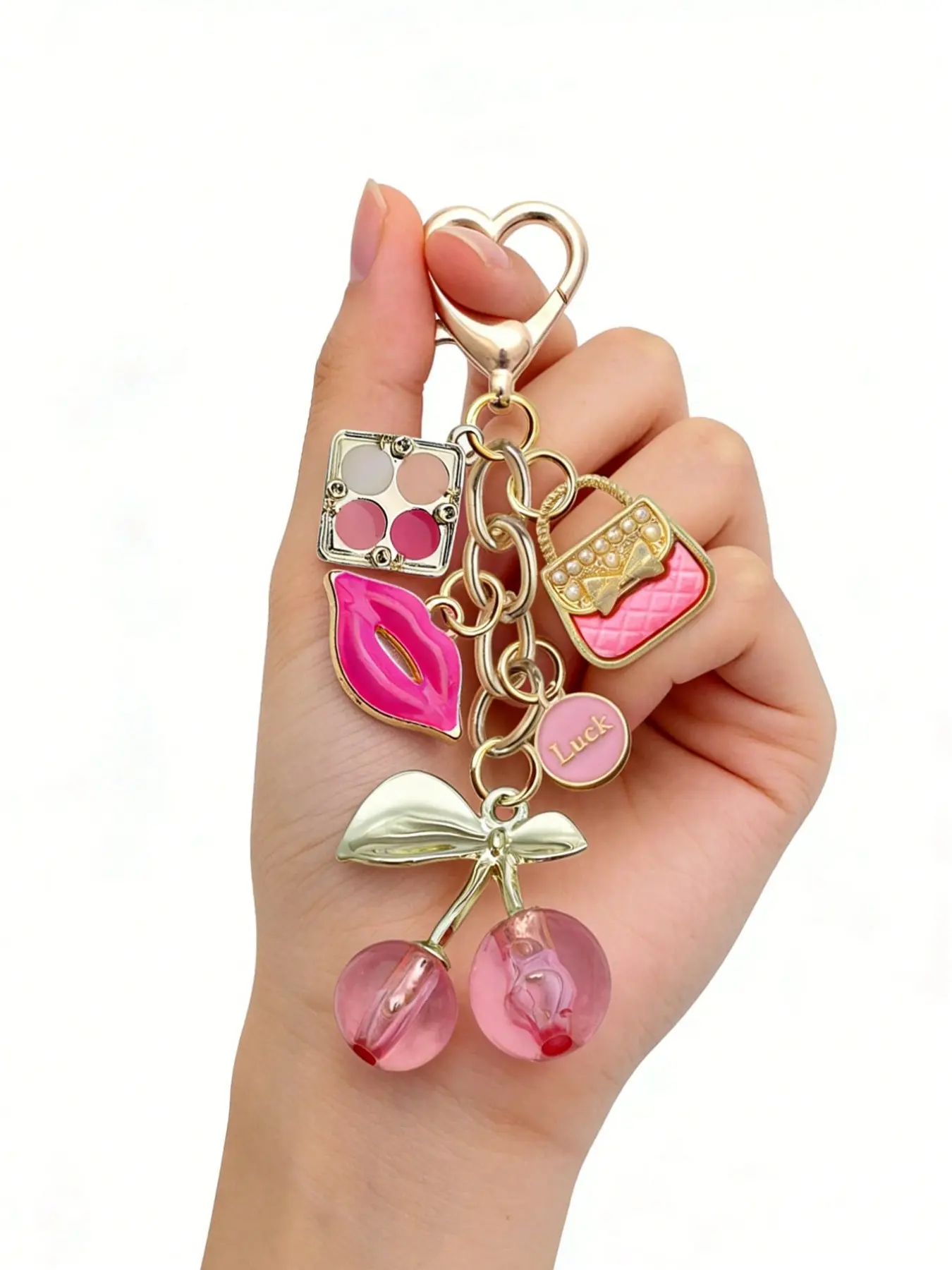 Elegant and delicate cherry keychain, makeup-themed, Y2K style, featuring cute pink cherries, rose-red lips, and eyeshadow palette design, summer pink, suitable for backpacks, handbags, wallets, beach bags, tote bags, earphone cases, and phone charms
