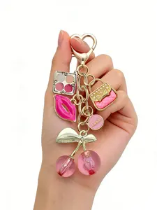Elegant and delicate cherry keychain, makeup-themed, Y2K style, featuring cute pink cherries, rose-red lips, and eyeshadow palette design, summer pink, suitable for backpacks, handbags, wallets, beach bags, tote bags, earphone cases, and phone charms