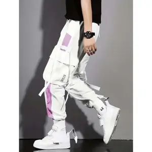 Multi-pocket Ribbon Design, Men's Color Block Cargo, Trendy Comfy Jogger Pants
