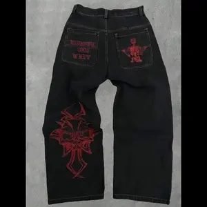 Men's Skull Embroidery Wide Leg Jeans, Casual Comfy Denim Pants for Daily Wear, Fashion Men's Bottoms for Spring & Fall, Pants for Men, Cotton