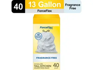 ForceFlex 13-Gallon Tall Kitchen Trash Bags – 40 Count with Stretchable Drawstring, Fragrance Free, 2 Layers Extra Soft